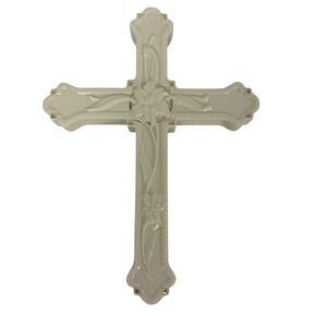 Lenox Fine Porcelain Floral Wall Cross Ivory Gold Trim Lily Scalloped 8.75 Inch